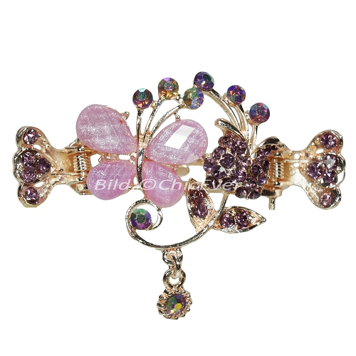 Haargreifer Schmetterling&Blume Haarspange Haarkneifer Haarklammer Metall & Strass lila violett gold 4463 - zum Schließen ins Bild klicken